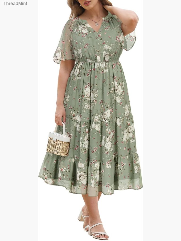 Plus Size Short Sleeve V Neck Flowy Midi Dress With Pockets